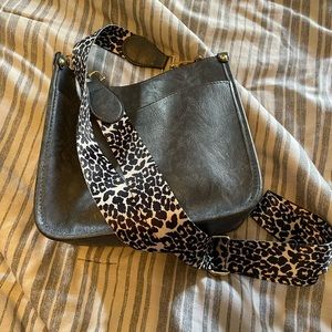 Grey faux leather purse with adjustable leopard strap
